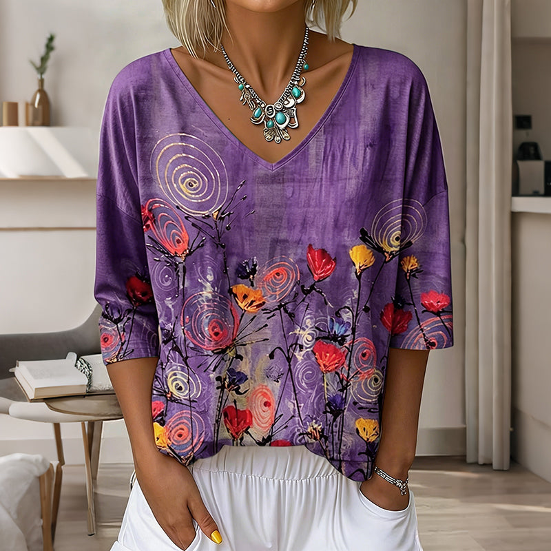Women's Vintage Floral Pattern Art Print Flowy Linen Blend  Three-quarter Sleeve V Neck Linen Tops