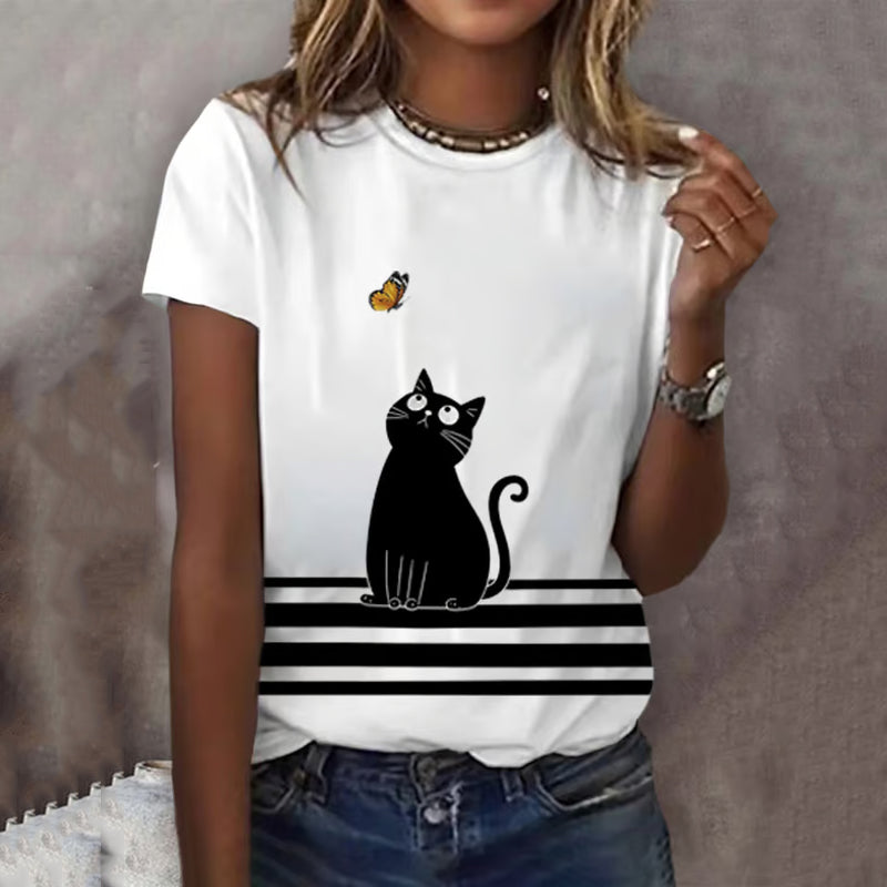 Abstract Creative Cute Black Cat Play With Butterfly Art Print Cotton Graphic T-shirt