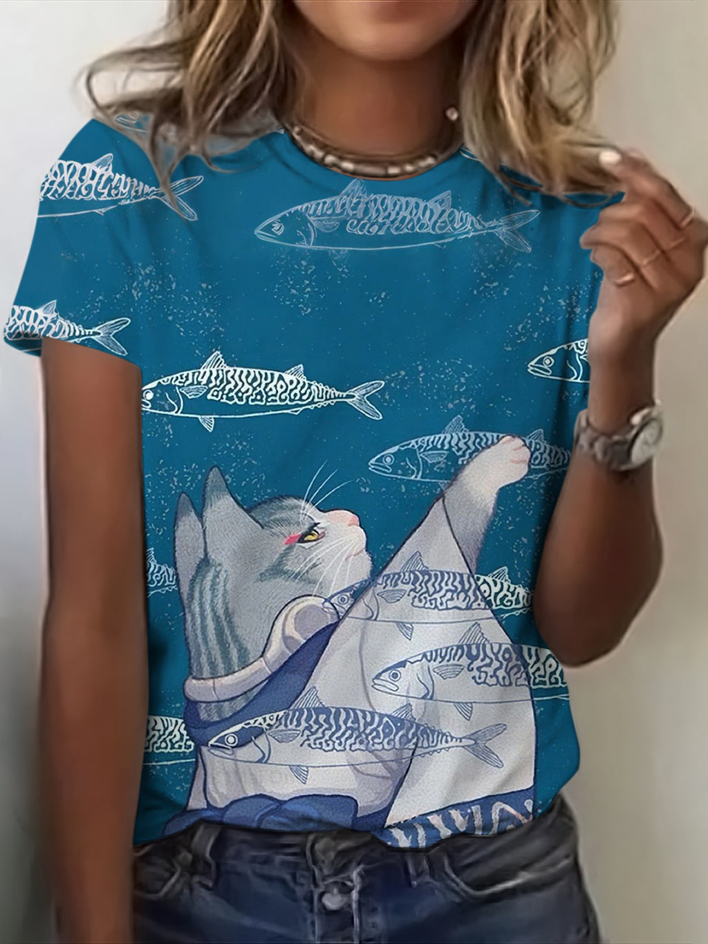 Funny Fish And Cat Wearing Kimono T-shirt