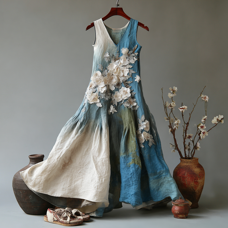 Women's Vintage Japanese Floral Art Gradient Casual Linen Sleeveless Dress