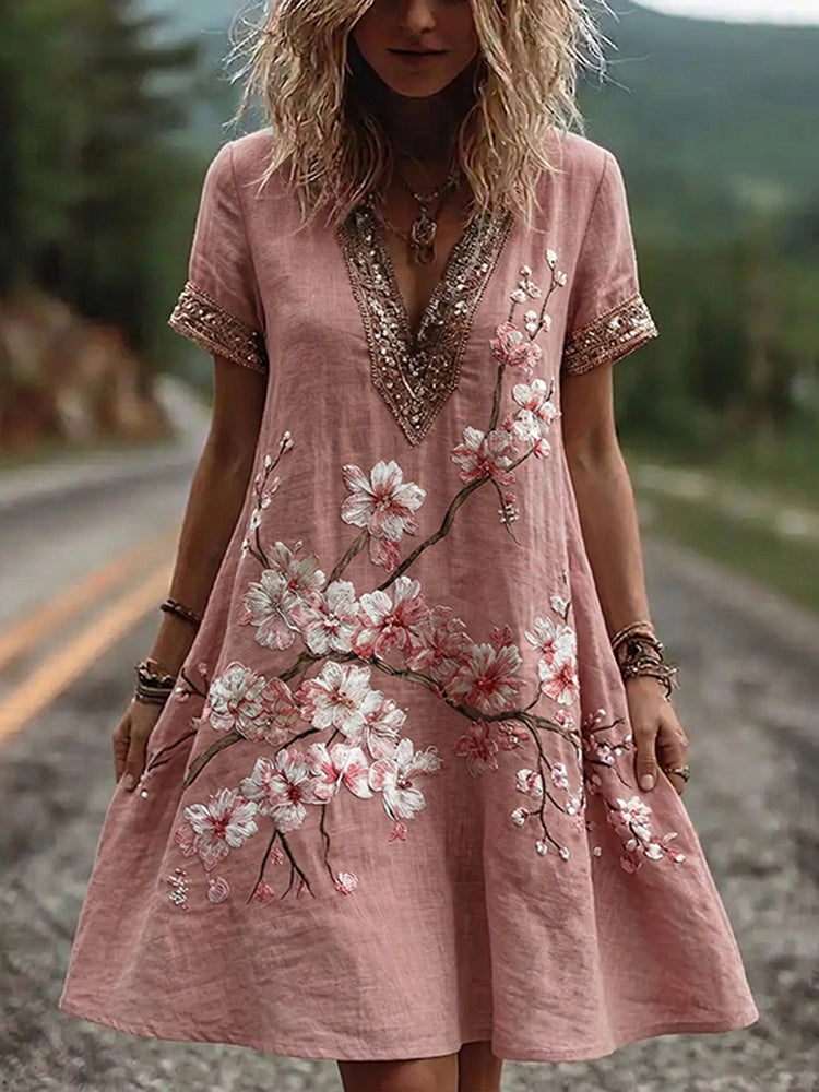 Women's Retro Cherry Blossom Floral Art Short Sleeve Mini Dress