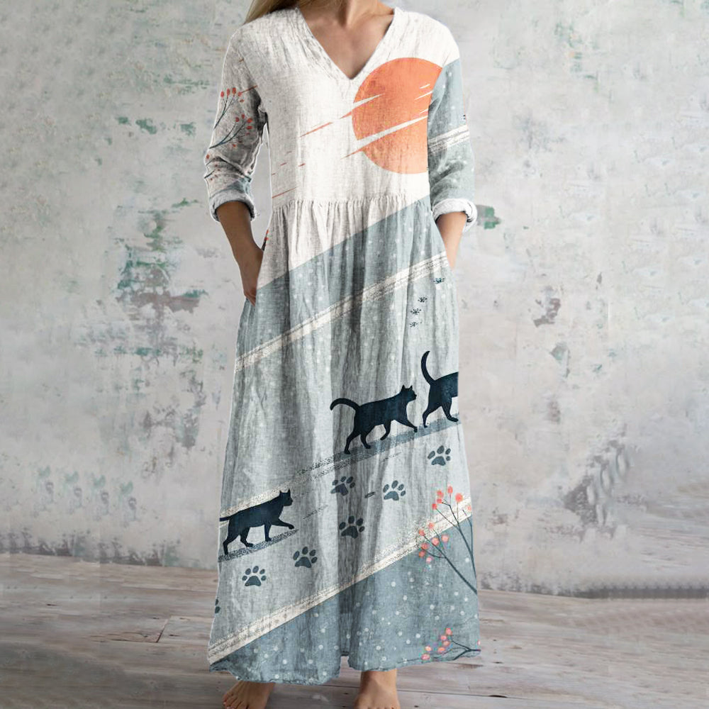 Japanese Art Cat Print Women's Linen Maxi Dress
