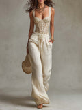 Bohemian Lace Bodycon Vest And Cotton Wide-Leg Pants Two-Piece Set