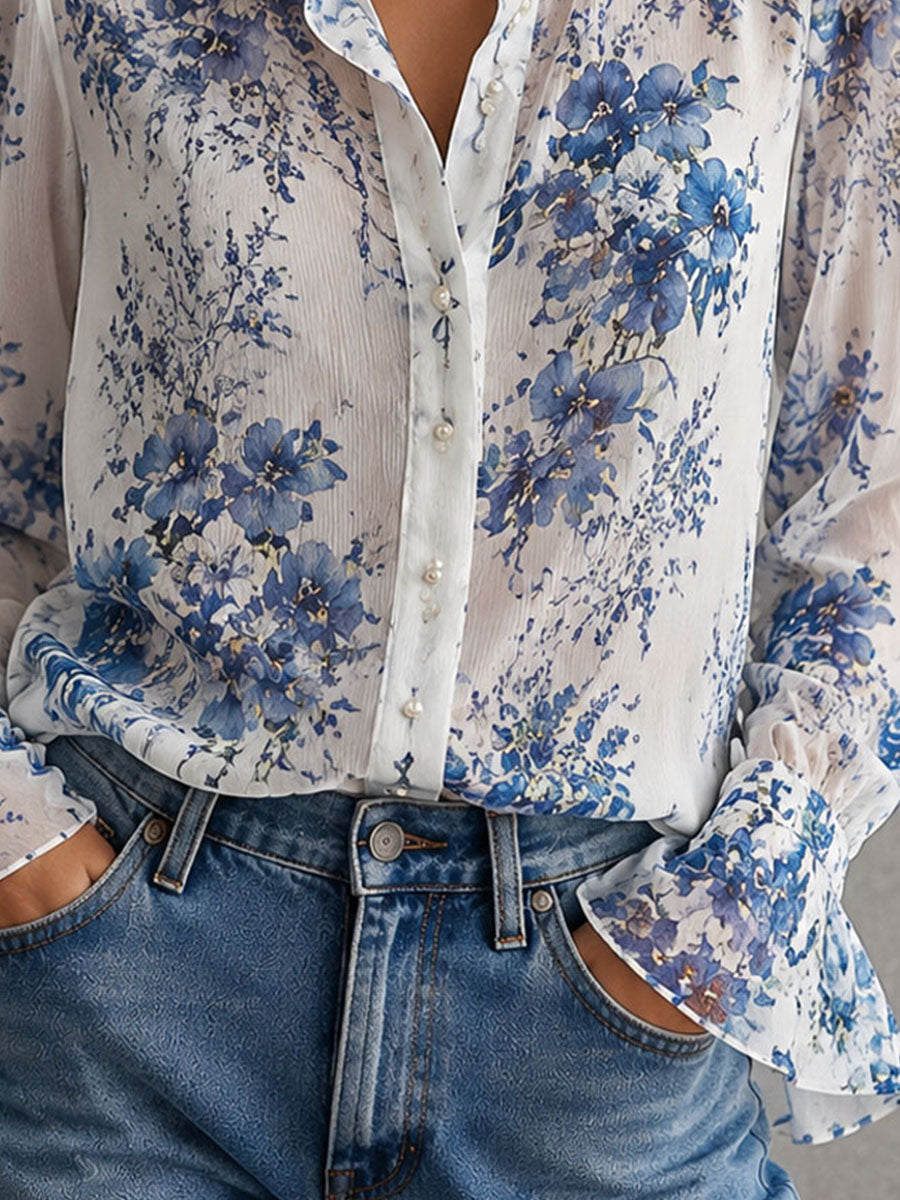 Boho Blue Floral Crinkle Chiffon Ruffle Collar Blouse