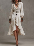Ruffle V Neck Balloon Sleeve Button Front High Low Ruffle Hem Crinkled Textured Midi Dress With Belt