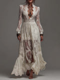 Romantic Bohemian Stand V Collar Puff Long Sleeve Button Waist Ruffle Hem Sheer Floral Lace Chiffon Maxi Dress