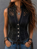 Vintage Lace Contrast Stitch Stand Collar Fitted Waistcoat