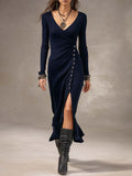 Vintage Elegant V Neck Wrap Long Sleeve Side Button High Slit Ribbed Knit Midi Dress
