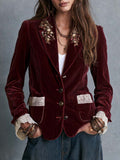 Boho Burgundy Floral Embroidered Lace Trim Blazer