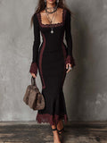 Retro Contrasting Lace Trim Knit Midi Dress