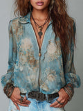 Vintage Floral Print Chiffon Lace Trim V-Neck Long Sleeve Blouse