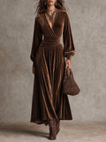 Boho Velvet V-Neck Wrap Waist Long Sleeve Maxi Dress