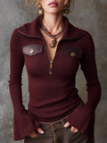 Boho Flared Cuffs Knit Sweater With Chest Pockets