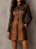 Vintage Brown Patchwork Faux Leather Suede Shirt Mini Dress
