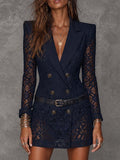 Double Breasted Notched Lapel Long Sleeve Navy Floral Lace Blazer Mini Dress With Belt