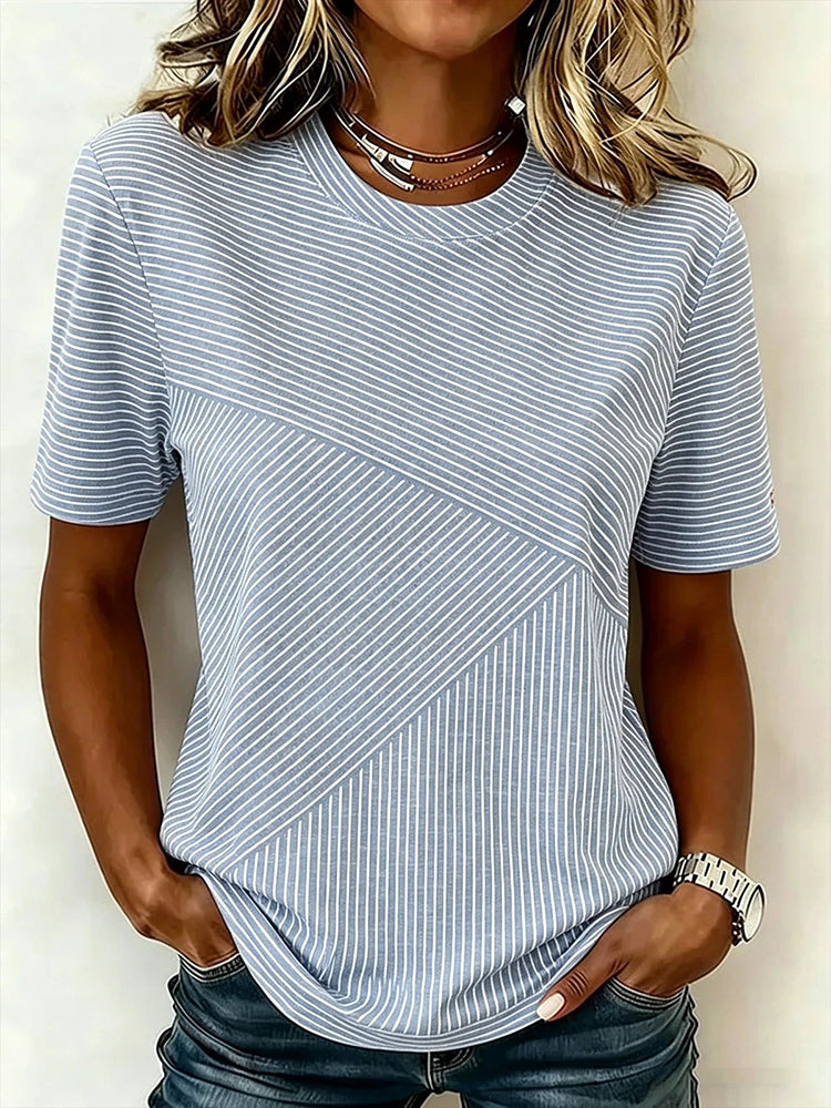 Women's Striped Pattern Casual Crew Neck T-shirt