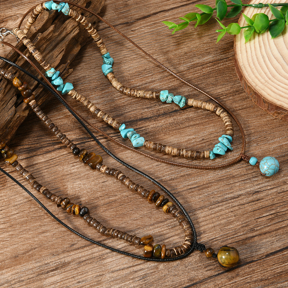 Vintage Pendant Necklace, Natural Tiger Eye Stone Coconut Shell, Versatile Design Necklace