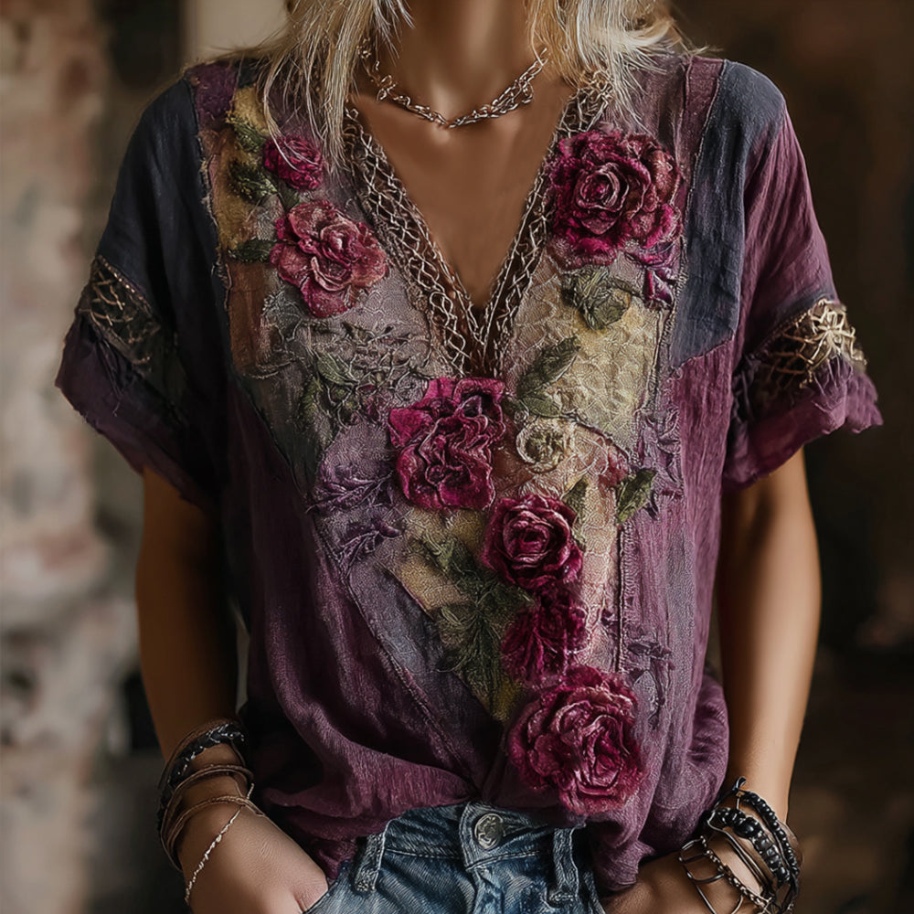 Vintage Faded Rose Woven Embroidered Purple Spliced Cotton-linen V-neck Short Sleeve