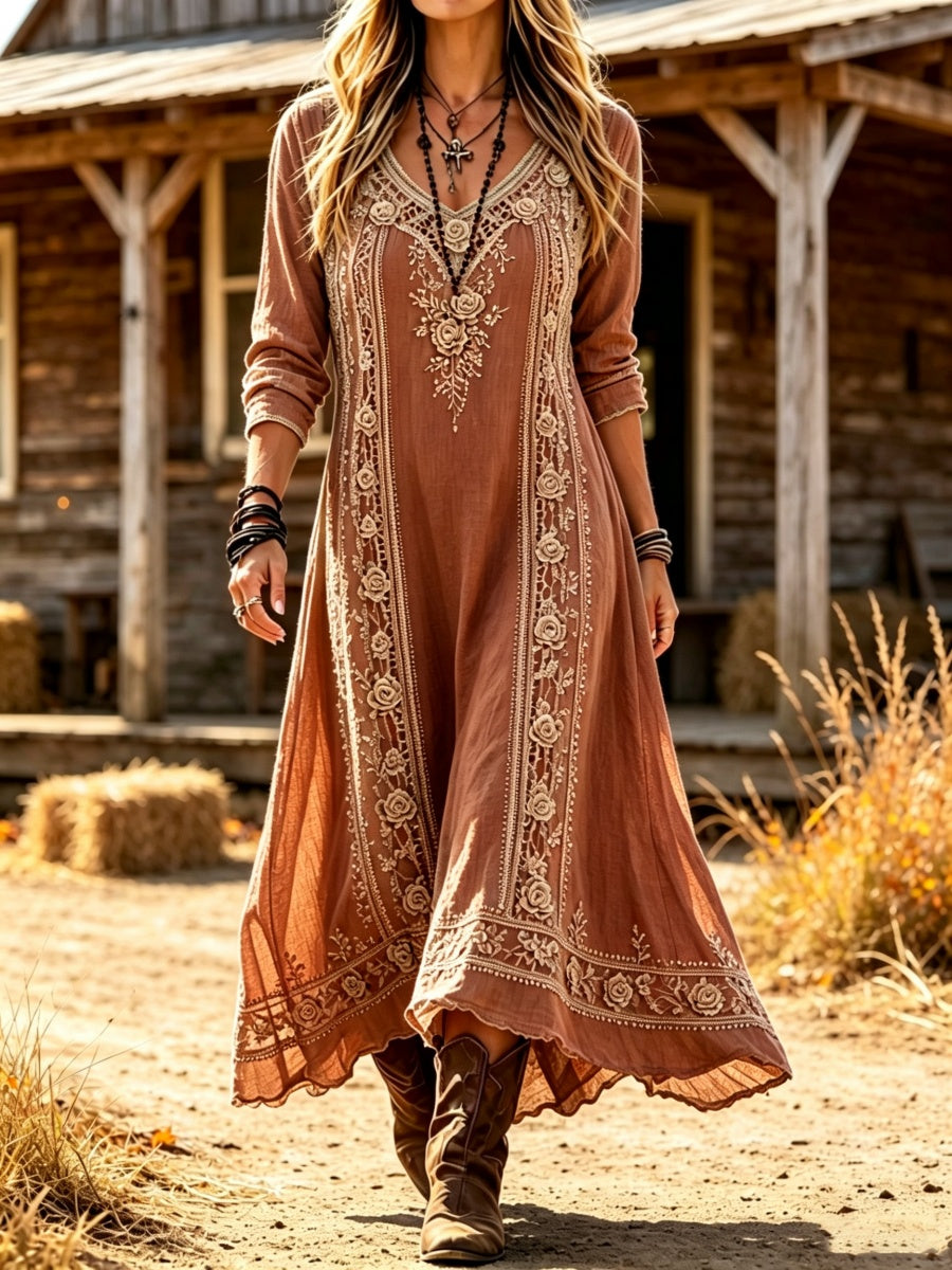 Women's Western Floral Art Casual Long Sleeve Maxi Dress