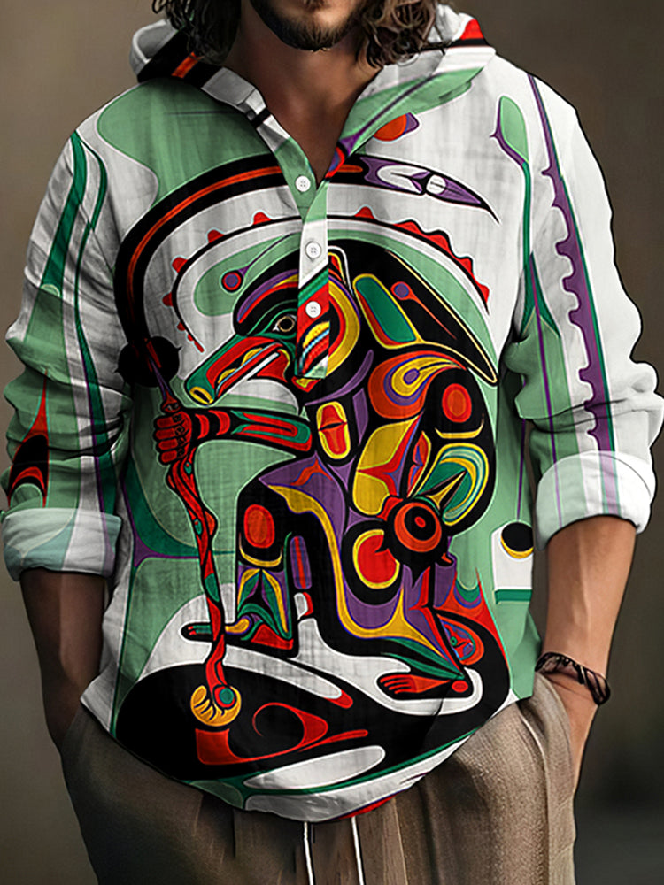 Men's Canadian Aboriginal Art Print Linen Blend Hooded Shirt