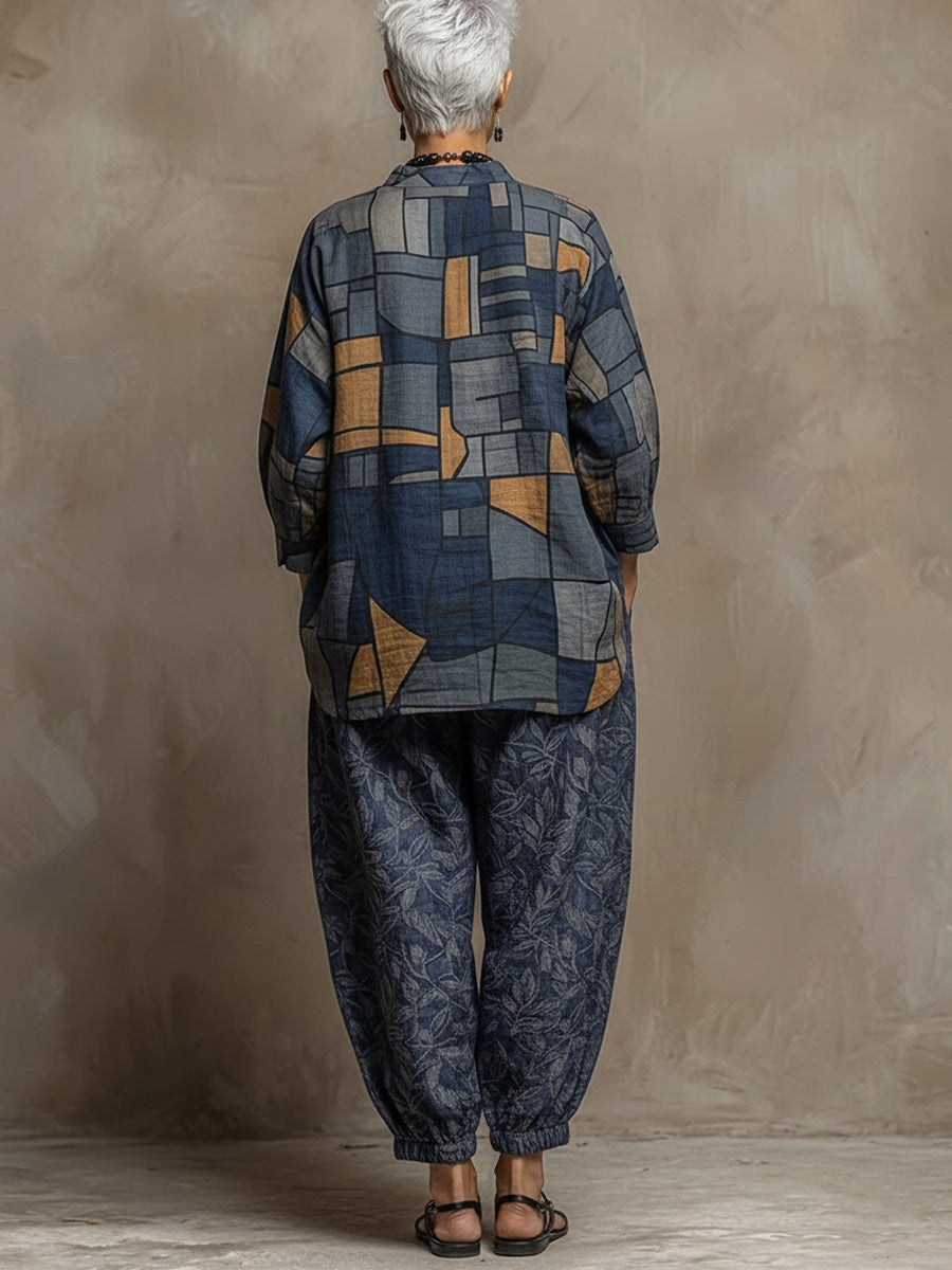 Bohemian Art-print Linen And Cotton Two-piece Top And Pants Set