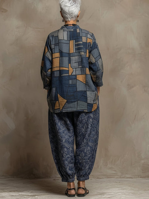 Bohemian Art-print Linen And Cotton Two-piece Top And Pants Set