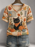 Women's Autumn Floral Plaid Patchwork Black Cat Print T-Shirt
