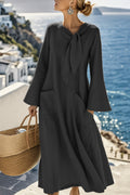 Cotton Linen Round Neck Long Sleeve Pocket Tie Dress