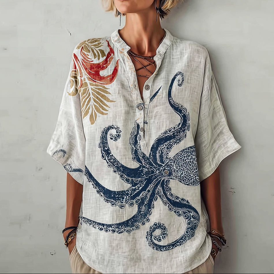 Women's Japanese Art Ocean Octopus Floral Linen Shirt