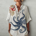 Women's Japanese Art Ocean Octopus Floral Linen Shirt