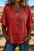 Women'S Retro Art Solid Color Splicing T-Shirt