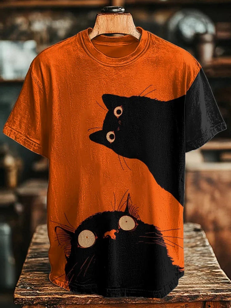 Men's Black Cats Printed Casual T-shirt
