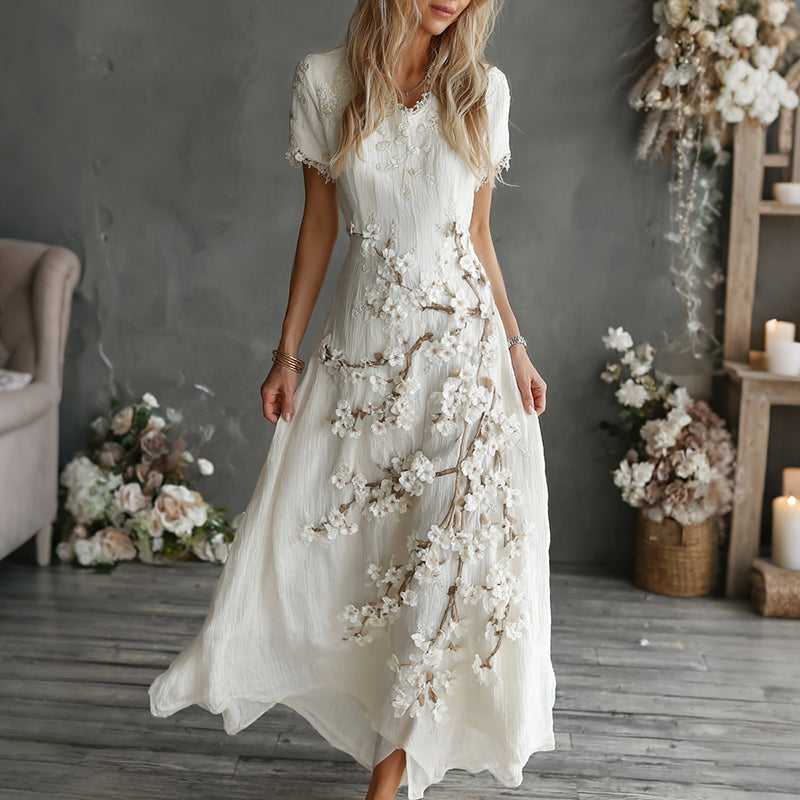 Women's Beautifully Embroidered Floral Print Short Sleeve Maxi Dress