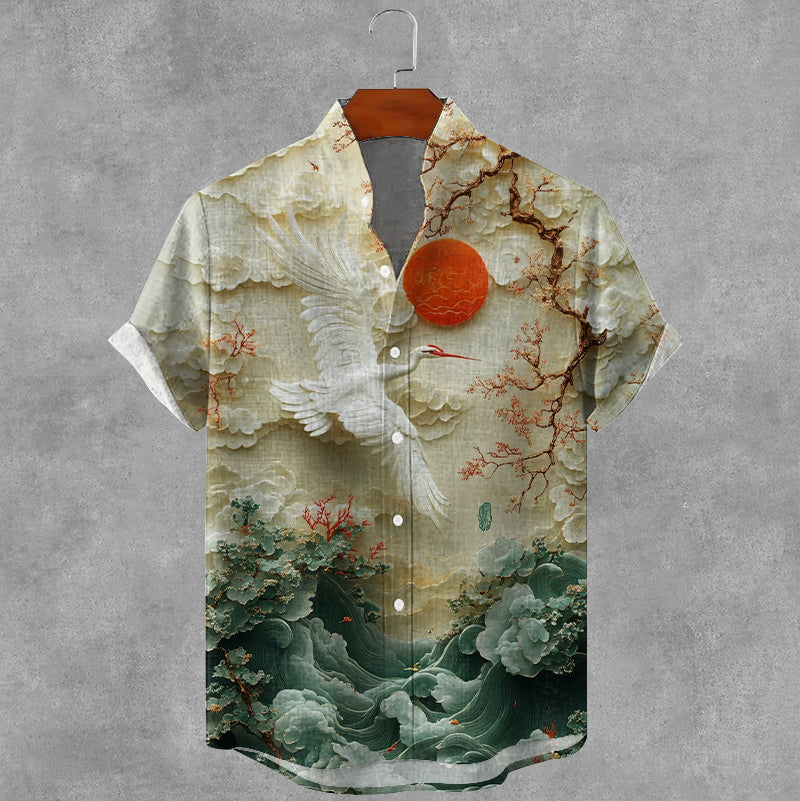 Men's Japanese Art Tree And Crane Linen Blend Cozy Shirt