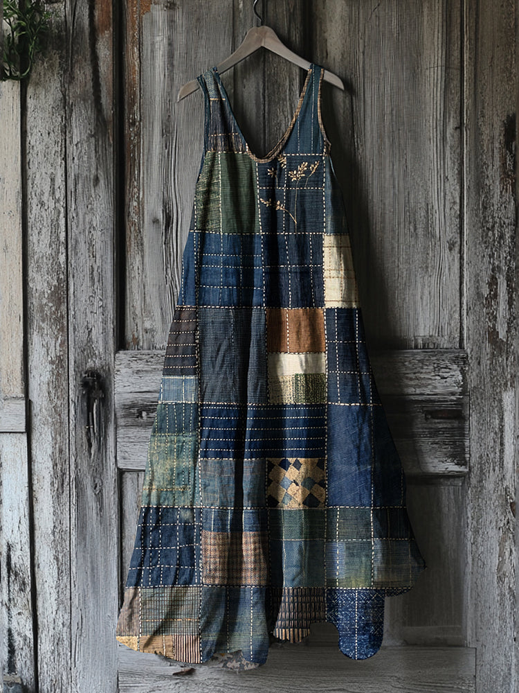 Women's Vintage Geometric Patchwork Art Linen Vest Dress