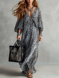 Gray Leopard Print Sheer Long Cover up Dress With Batwing Sleeves