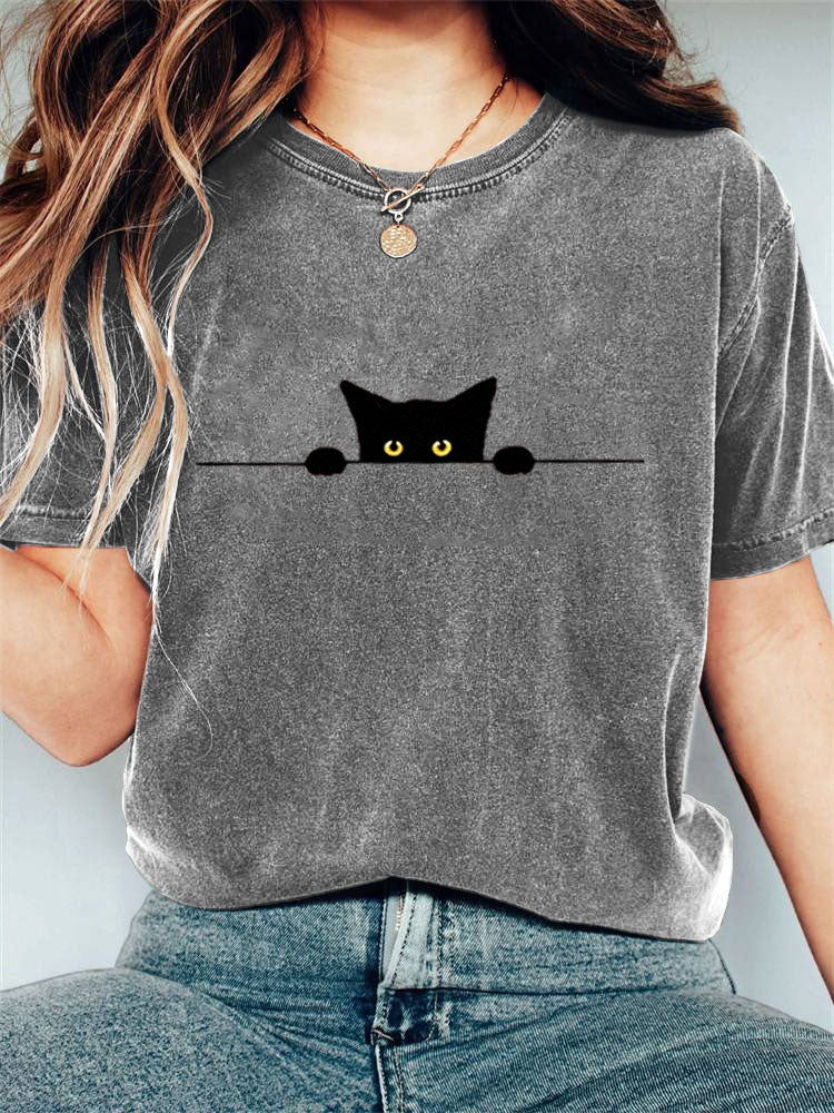 Women's Casual Funny Black Cat Print T-shirt