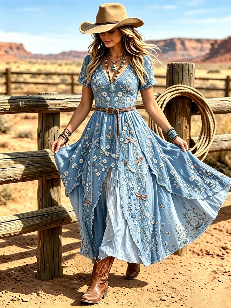 Women's Western Vintage Linen-Blend Maxi Dress