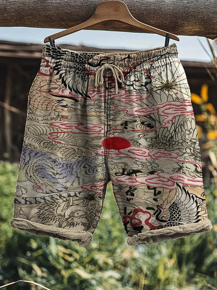 Men's Japanese Crane Dragon Retro Art Print Casual Shorts
