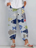 Vintage Fish Japanese Art Linen Blend Cropped Casual Pants