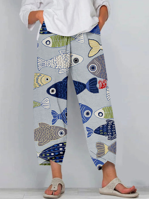 Vintage Fish Japanese Art Linen Blend Cropped Casual Pants