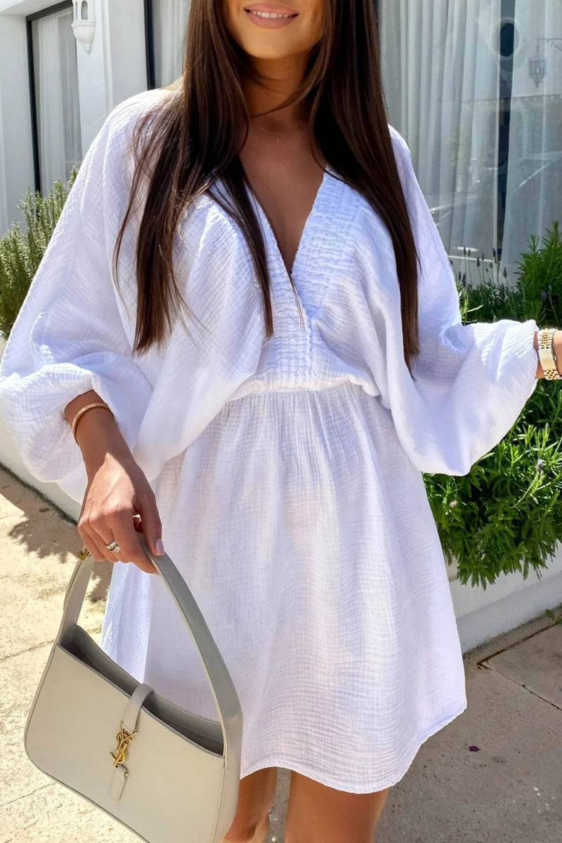 Cheesecloth Ruched Detail V-Neck Dress
