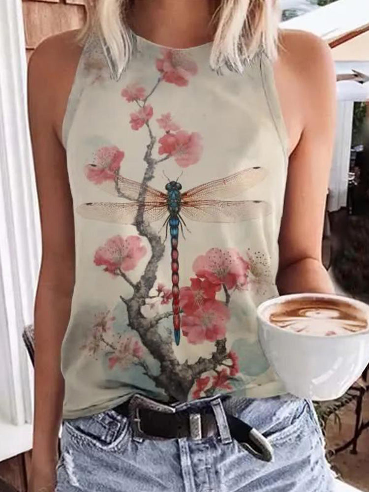 Retro Plum Blossom Dragonfly Japanese Art Print Crew Neck Tank Top