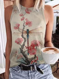 Retro Plum Blossom Dragonfly Japanese Art Print Crew Neck Tank Top