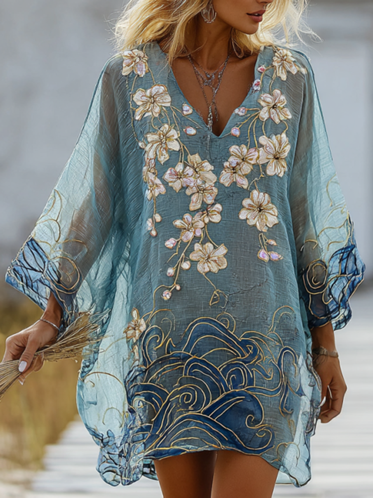 Vintage Marble Texture And  Cherry Blossoms Pattern Linen Dress