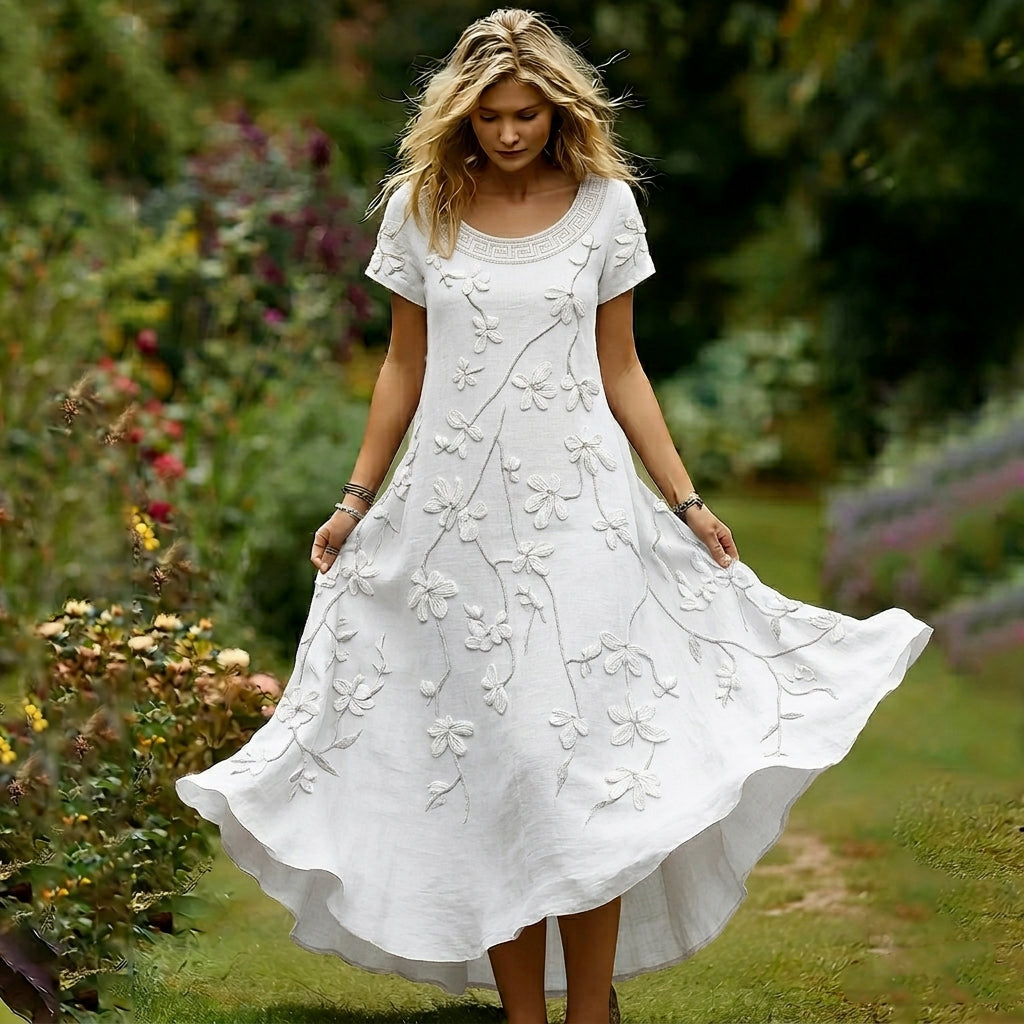Women's Vintage White Floral Casual Round-neck Dress