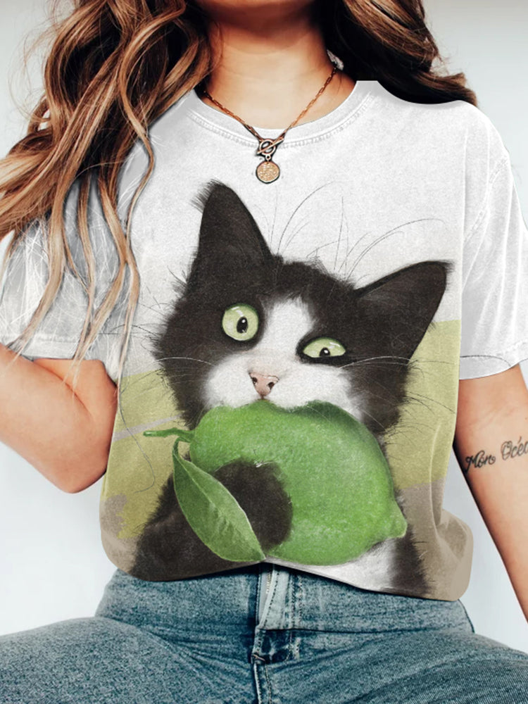 Abstract Creative  Cute Lemon Cat Art Print Cotton Graphic T-shirt