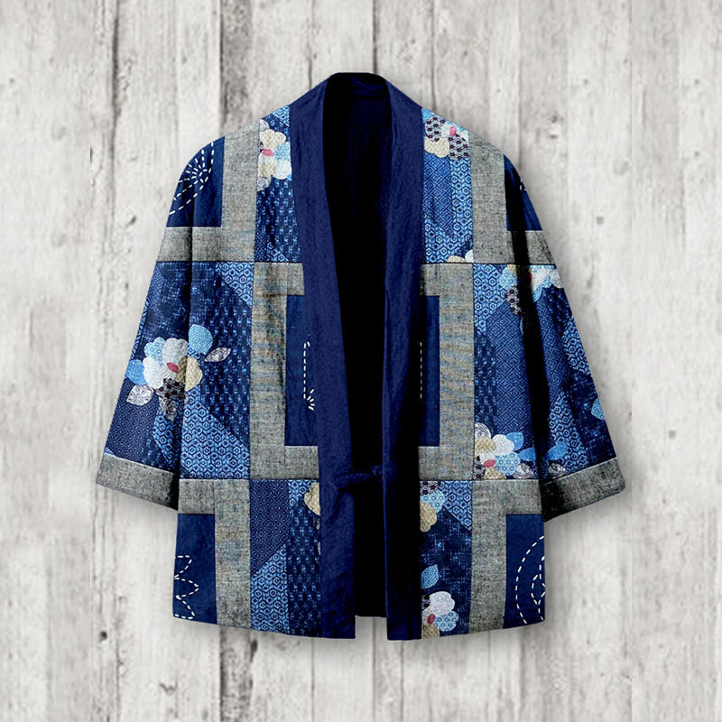 Vintage Japanese Sashiko Patchwork Linen Blend Kimono Cardigan