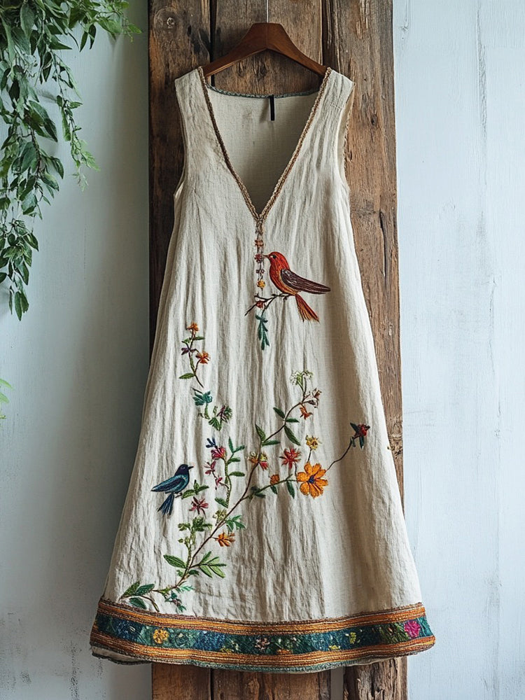Women's Vintage Birds & Floral Embroidery Art Sleeveless Mini Dress