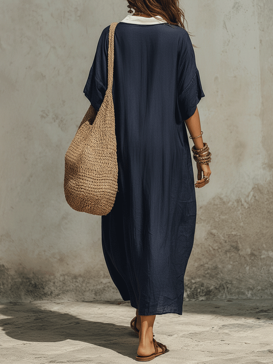 Relaxed Bohemian Deep-V Navy Maxi Dress